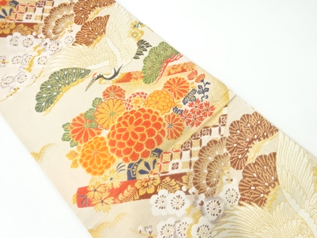 JAPANESE KIMONO / ANTIQUE MARU OBI / WOVEN SCROLL & KIKU & CRANE